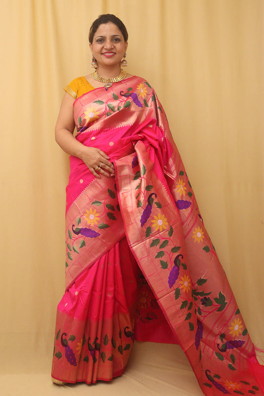 Pink Paithani Silk Bird And Flower Design Saree