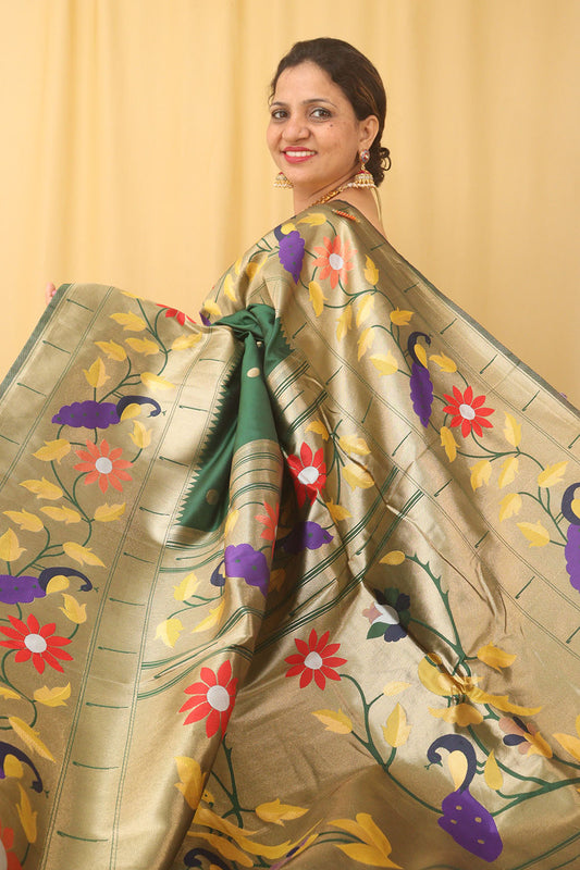 Green Paithani Silk Bird And Flower Design Saree - Luxurion World