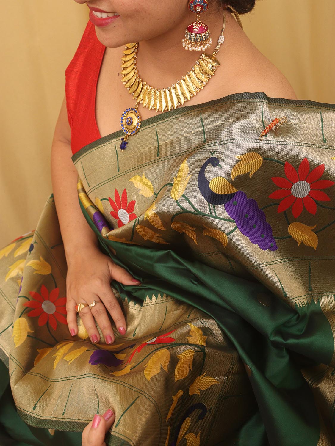Green Paithani Silk Bird And Flower Design Saree - Luxurion World
