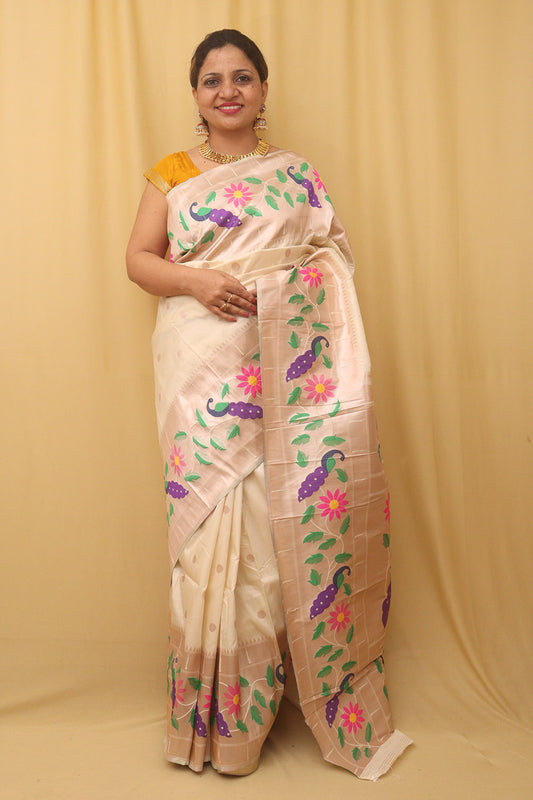 Pastel Paithani Silk Bird And Flower Design Saree
