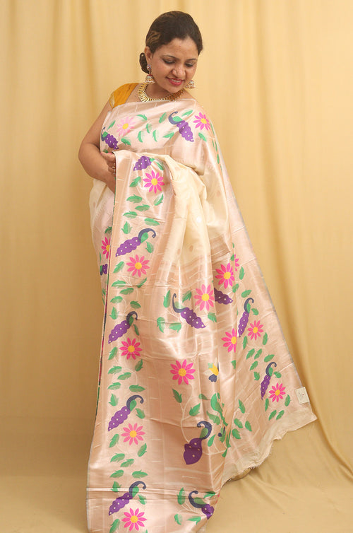 Pastel Paithani Silk Bird And Flower Design Saree - Luxurion World
