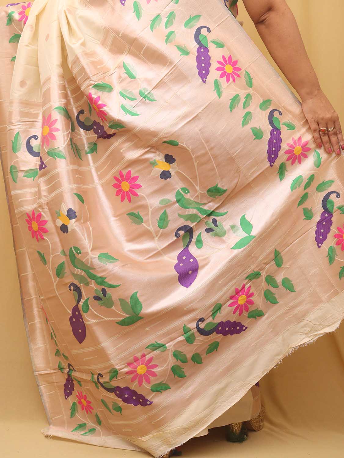Pastel Paithani Silk Bird And Flower Design Saree - Luxurion World
