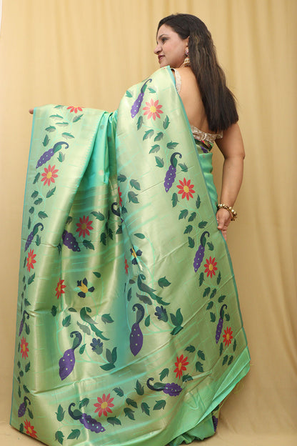 Green Paithani Silk Parrot & Flower Saree - Luxurion World