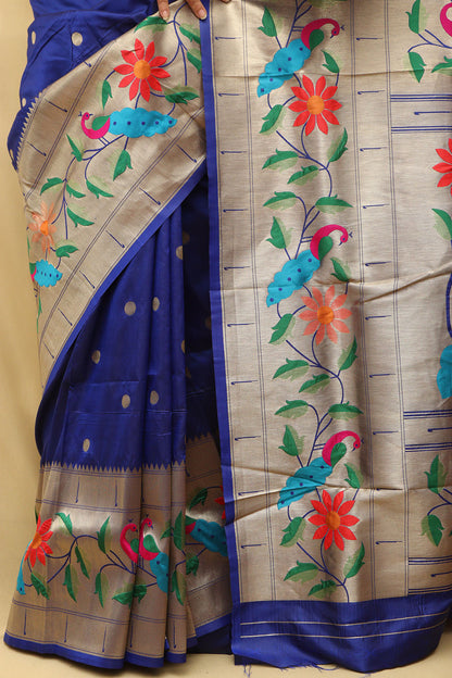 Blue Paithani Silk Parrot & Flower Saree - Luxurion World