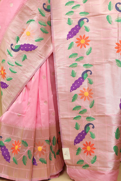 Elegant Pink Paithani Silk Saree with Parrot and Flower Design - Luxurion World