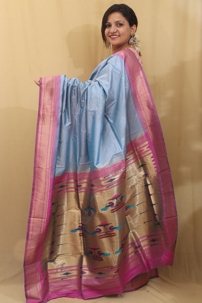 Elegant Blue Paithani Silk Peacock Design Saree - Luxurion World