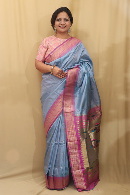 Elegant Blue Paithani Silk Peacock Design Saree - Luxurion World