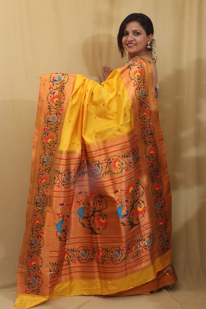 Stunning Yellow Paithani Silk Saree with Peacock & Flower - Luxurion World