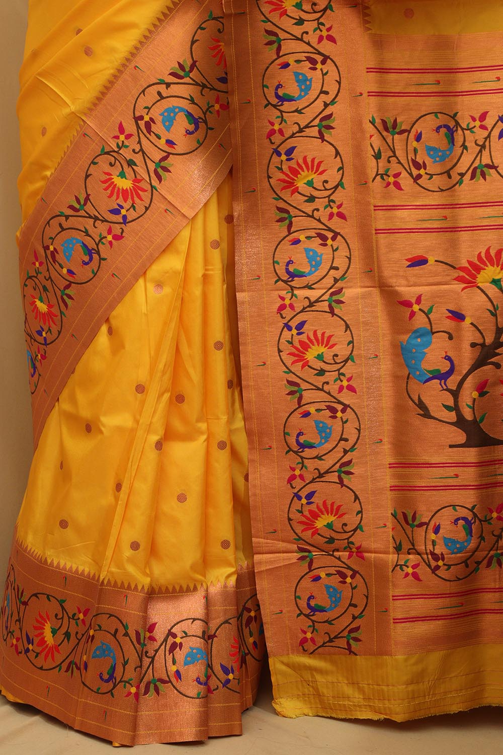 Stunning Yellow Paithani Silk Saree with Peacock & Flower - Luxurion World