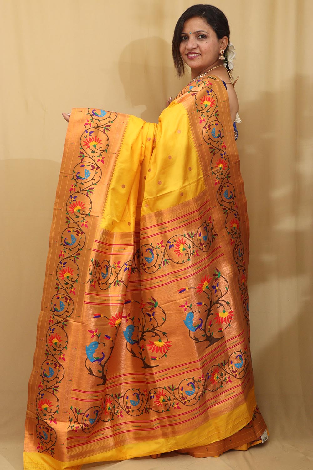 Stunning Yellow Paithani Silk Saree with Peacock & Flower - Luxurion World