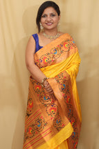 Stunning Yellow Paithani Silk Saree with Peacock & Flower - Luxurion World