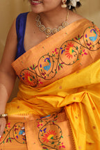 Stunning Yellow Paithani Silk Saree with Peacock & Flower - Luxurion World