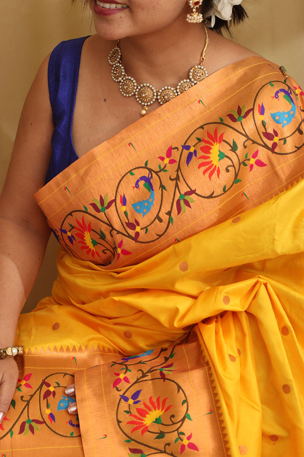 Stunning Yellow Paithani Silk Saree with Peacock & Flower - Luxurion World