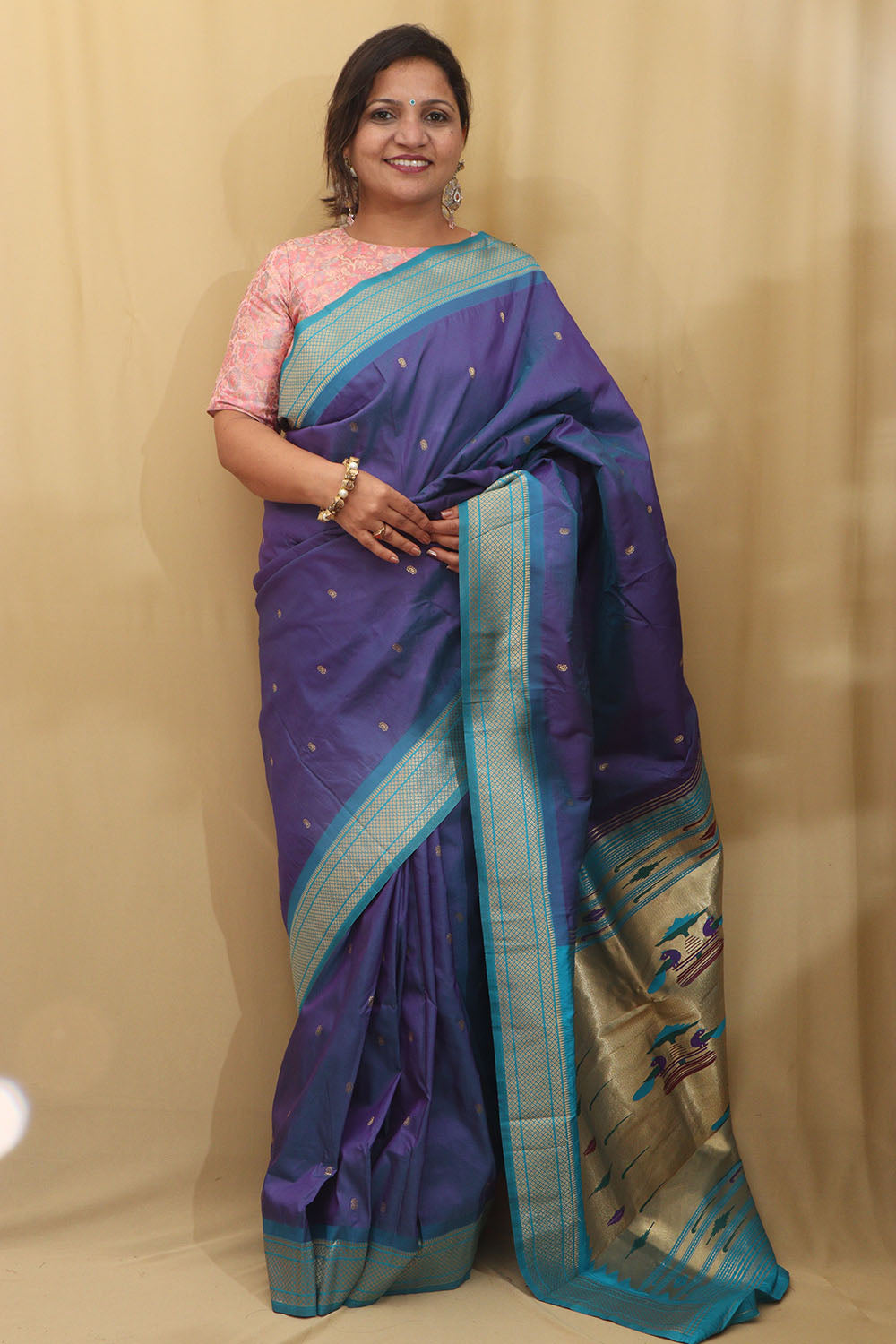 Blue Dupion Silk Saree with Silver Zari Peacock Design