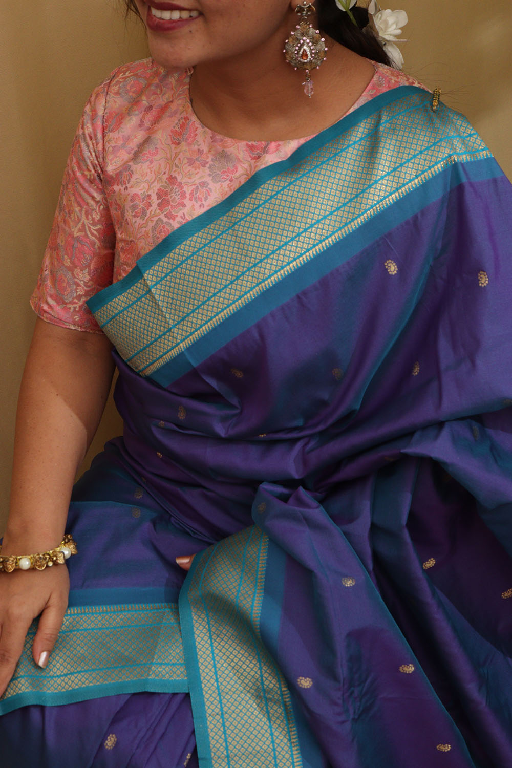 Peacock blue buttas kathan silk saree, traditional border of paisley creeper design, and jaal pallu
