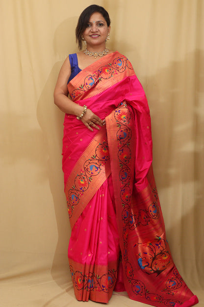 Exquisite Pink Paithani Silk Saree with Peacock & Flower - Luxurion World