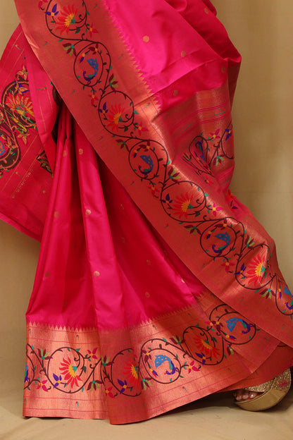 Exquisite Pink Paithani Silk Saree with Peacock & Flower - Luxurion World