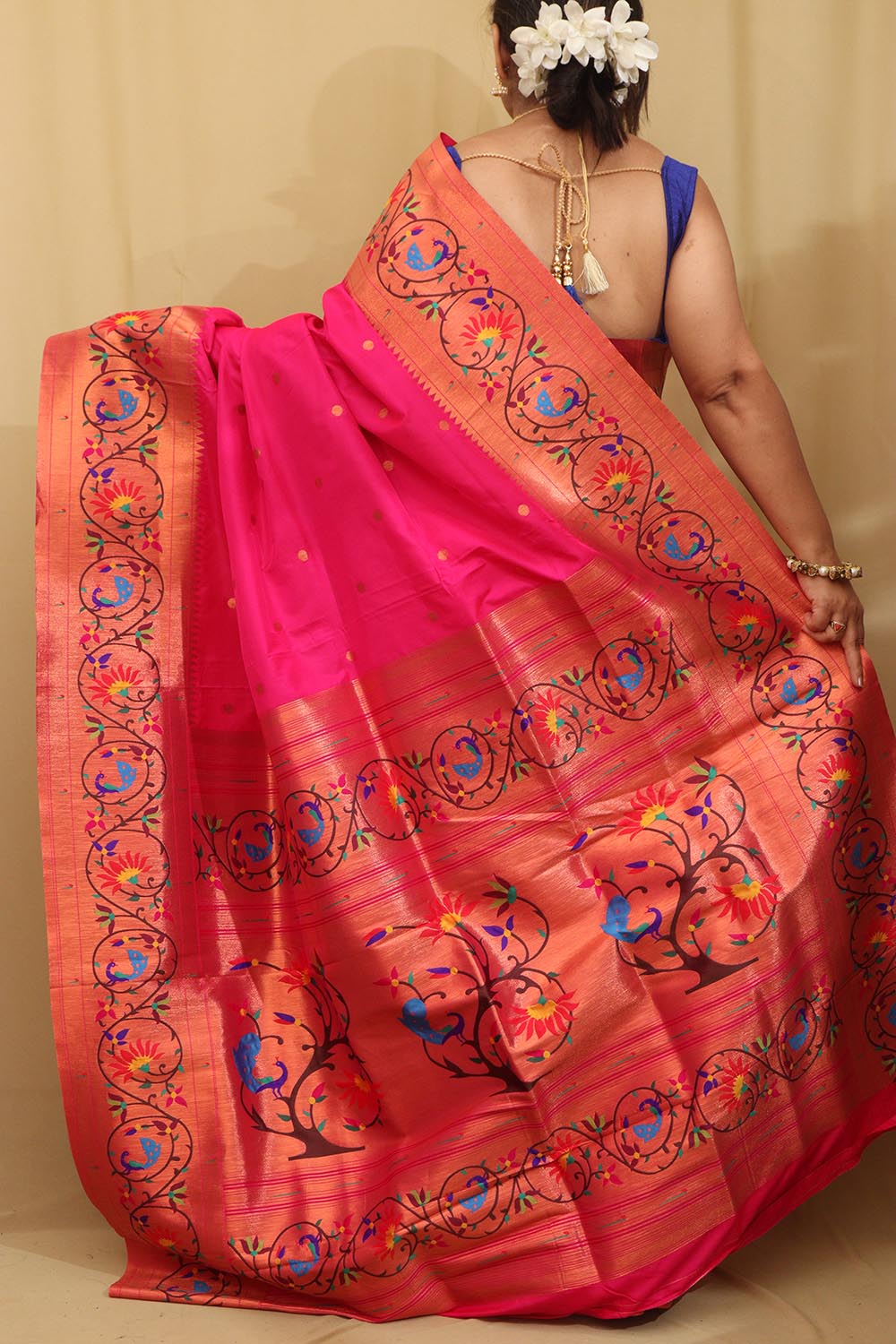 Exquisite Pink Paithani Silk Saree with Peacock & Flower - Luxurion World