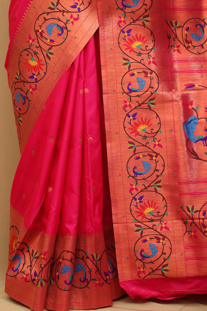 Exquisite Pink Paithani Silk Saree with Peacock & Flower - Luxurion World