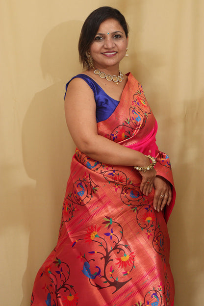 Exquisite Pink Paithani Silk Saree with Peacock & Flower - Luxurion World
