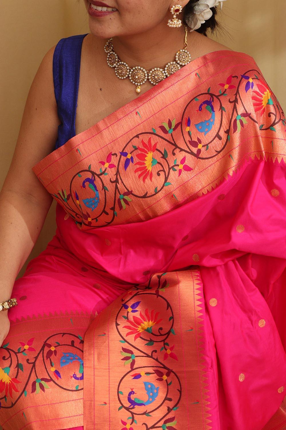 Exquisite Pink Paithani Silk Saree with Peacock & Flower - Luxurion World