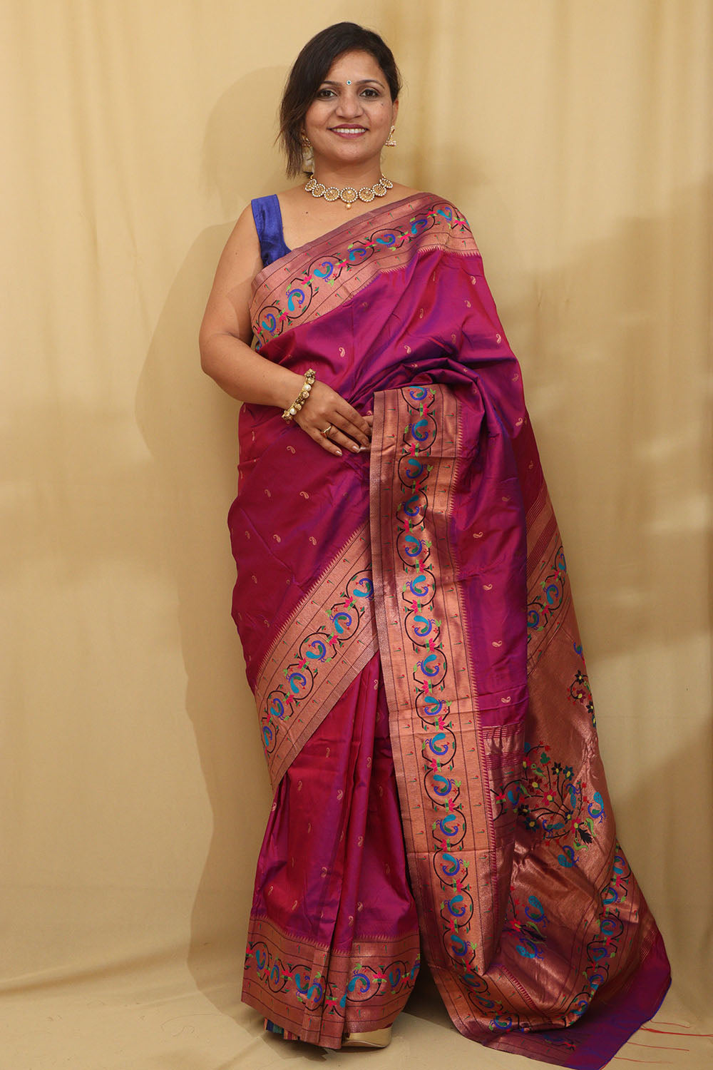 Exquisite Purple Paithani Silk Peacock And Flower Design Saree - Luxurion World