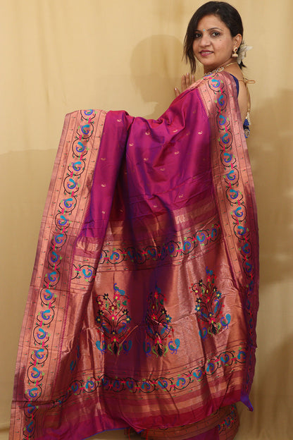 Exquisite Purple Paithani Silk Peacock And Flower Design Saree - Luxurion World