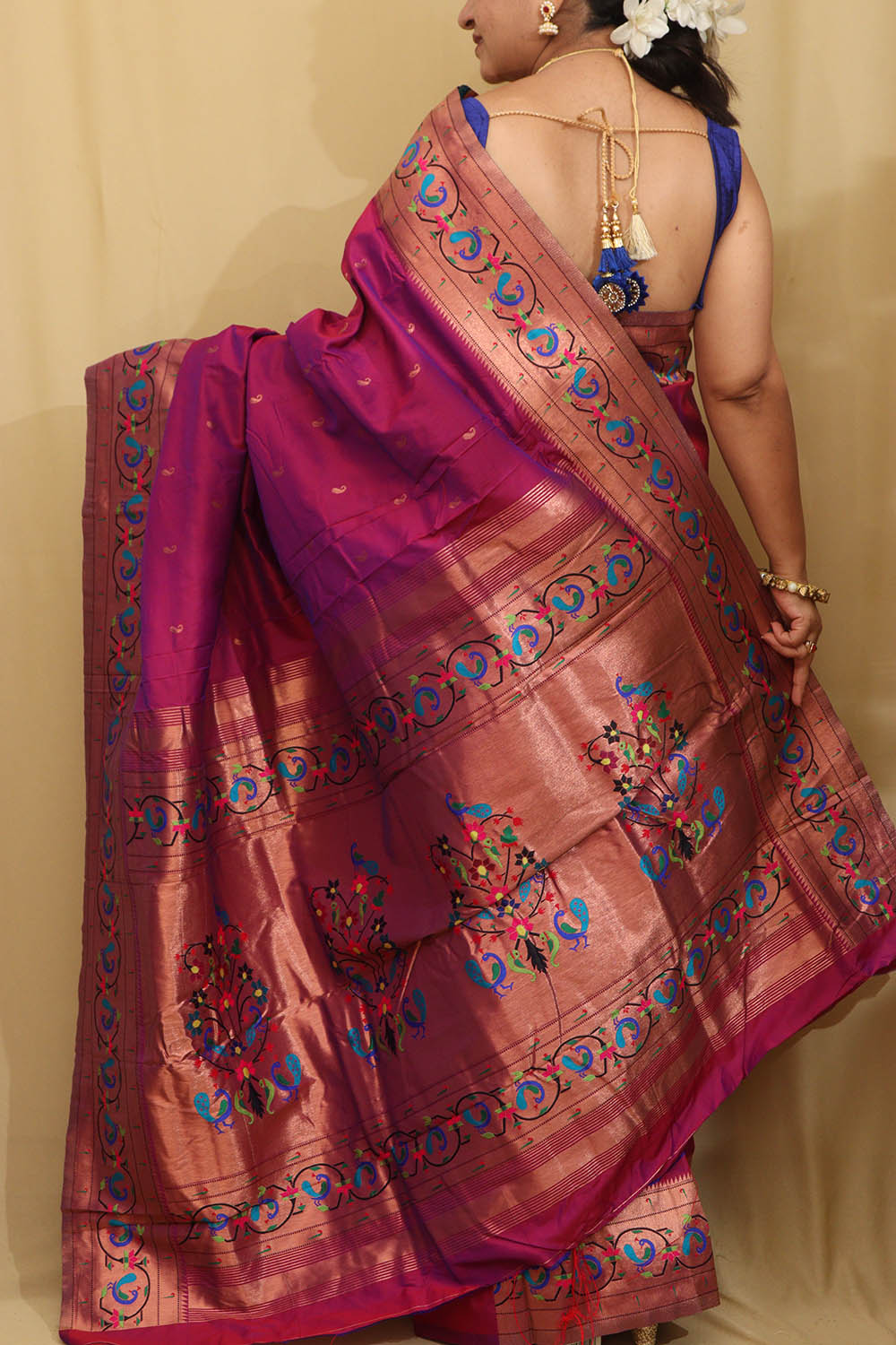 Exquisite Purple Paithani Silk Peacock And Flower Design Saree - Luxurion World