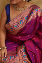 Exquisite Purple Paithani Silk Peacock And Flower Design Saree - Luxurion World