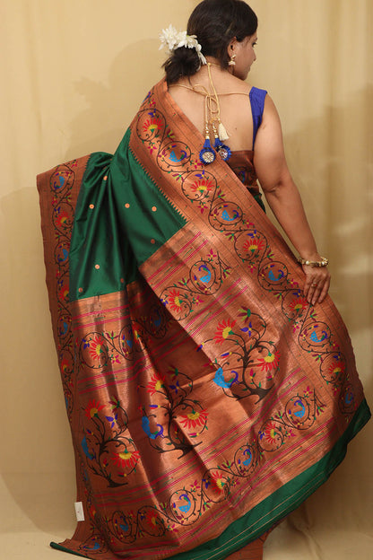 Exquisite Green Paithani Silk Saree with Peacock & Flower - Luxurion World