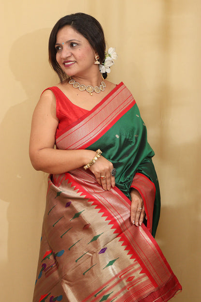 Stunning Green Paithani Silk Peacock Design Saree - Luxurion World