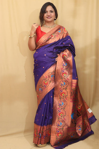 Exquisite Blue Paithani Silk Peacock And Flower Design Saree - Luxurion World