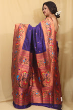 Exquisite Blue Paithani Silk Peacock And Flower Design Saree - Luxurion World