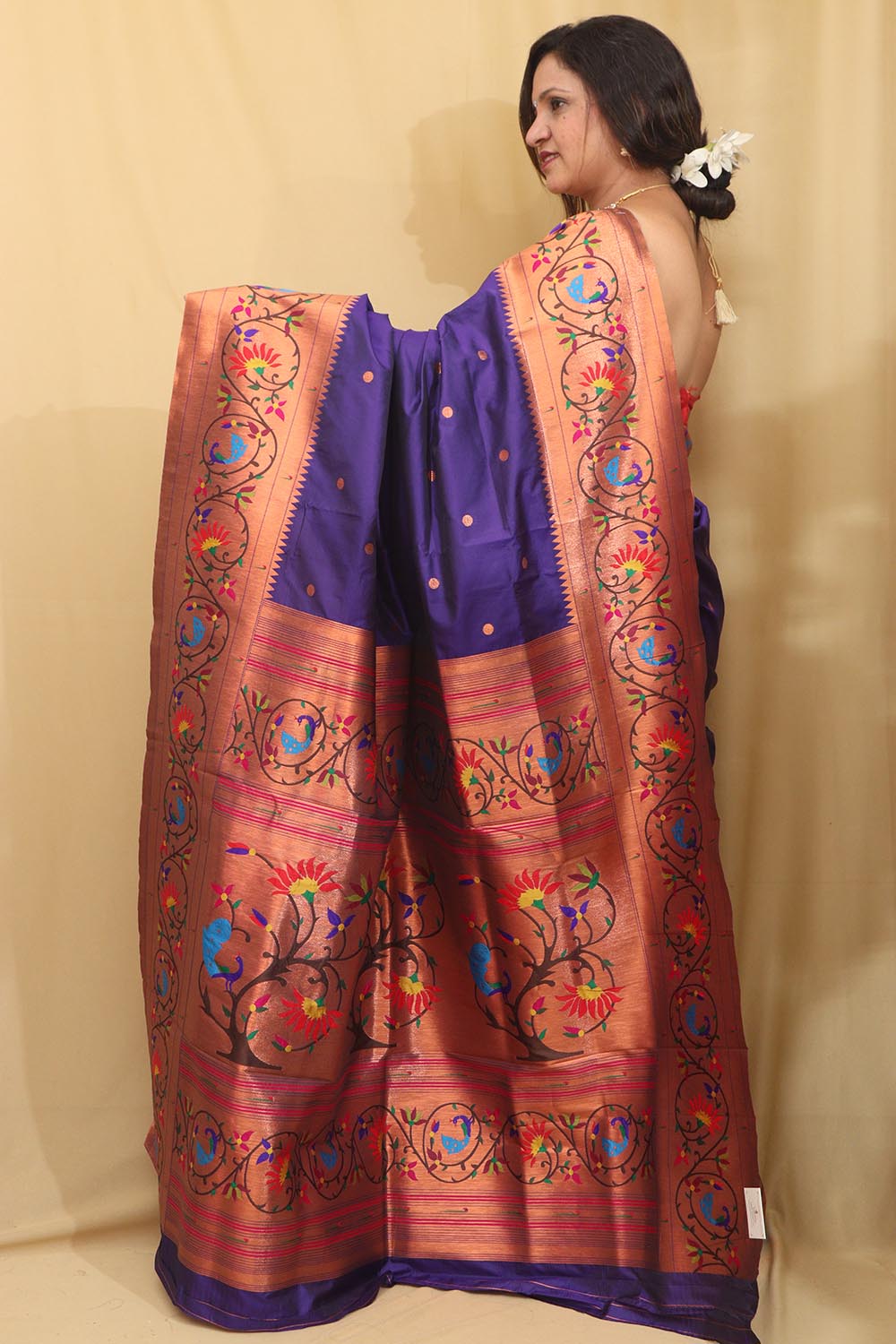 Exquisite Blue Paithani Silk Peacock And Flower Design Saree - Luxurion World