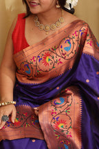 Exquisite Blue Paithani Silk Peacock And Flower Design Saree - Luxurion World