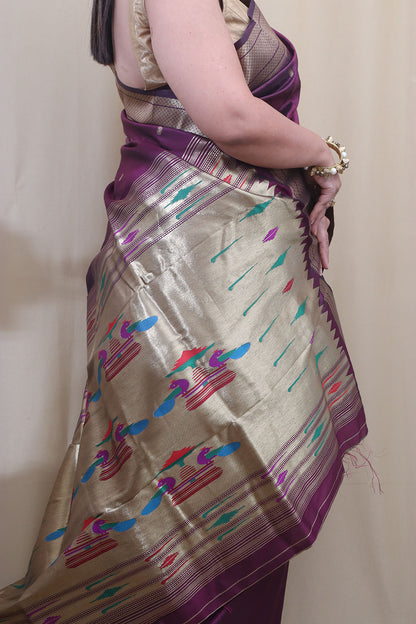 Elegant Design - Purple Paithani Silk Peacock Design Saree - Luxurion World