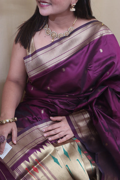 Elegant Design - Purple Paithani Silk Peacock Design Saree - Luxurion World