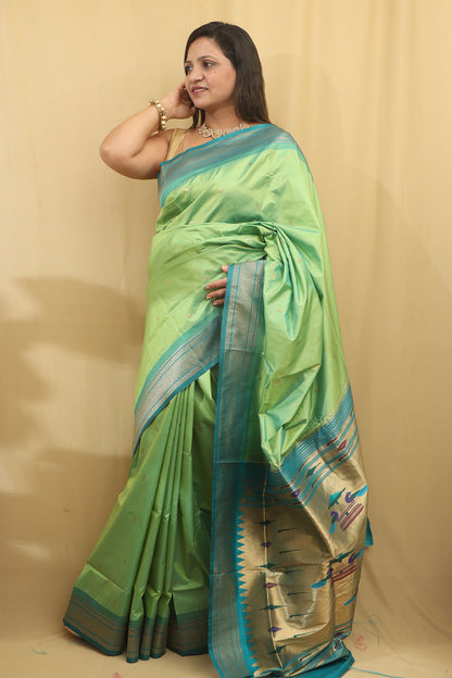 Stunning Green Paithani Silk Peacock Design Saree - Luxurion World