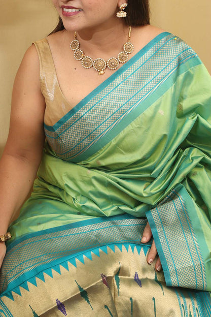 Stunning Green Paithani Silk Peacock Design Saree - Luxurion World