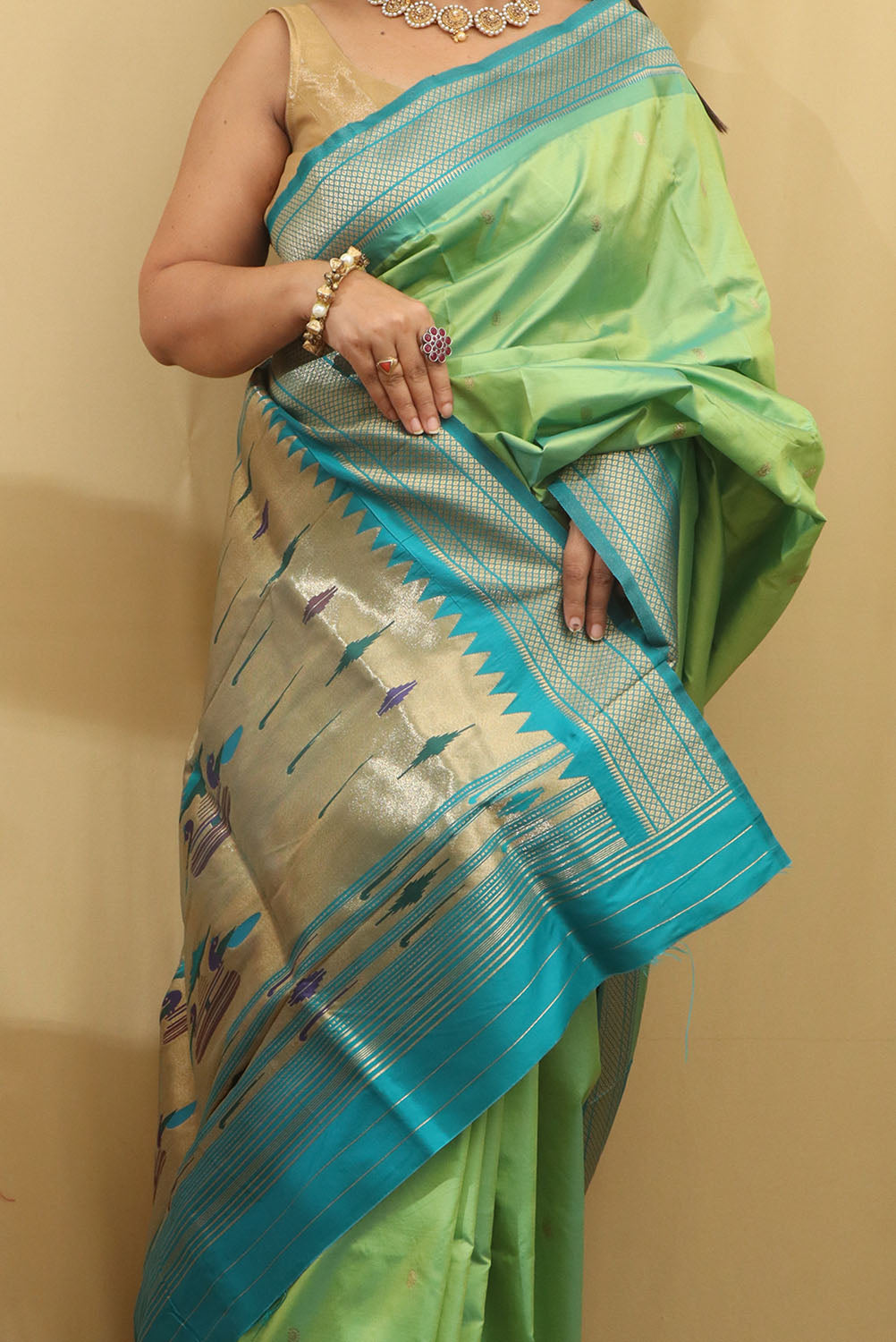 Stunning Green Paithani Silk Peacock Design Saree - Luxurion World