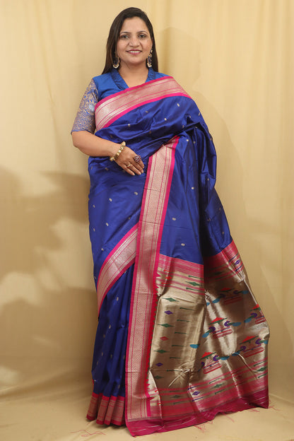 Elegant Blue Paithani Silk Peacock Design Saree - Luxurion World
