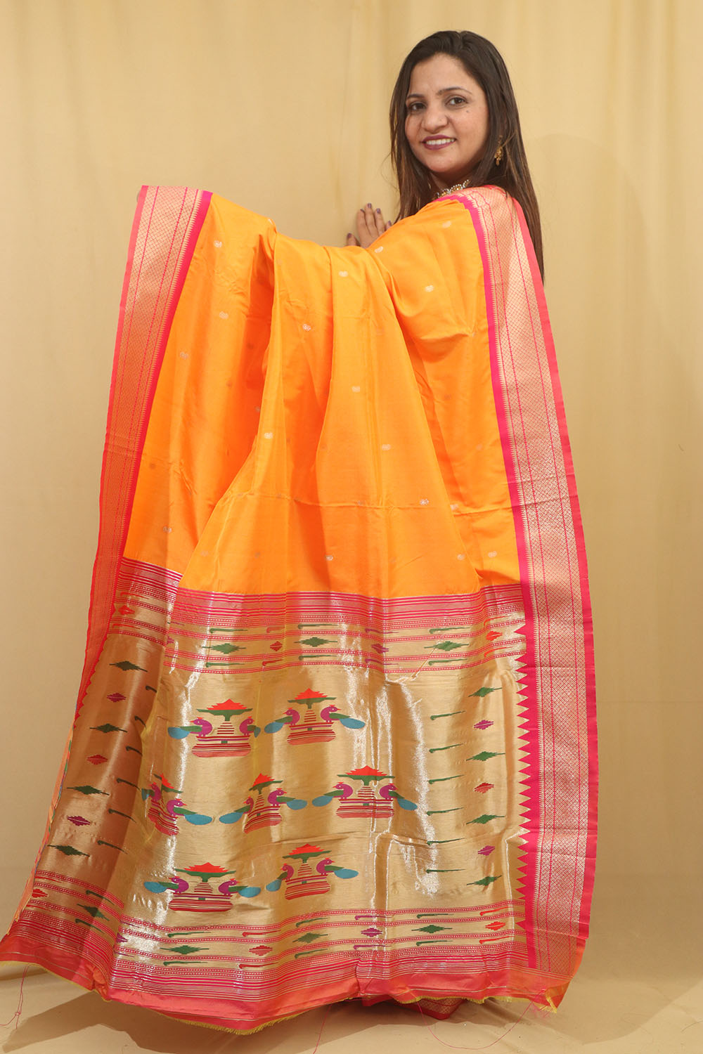 Orange Paithani Silk Peacock Design Saree - Stunning Elegance - Luxurion World