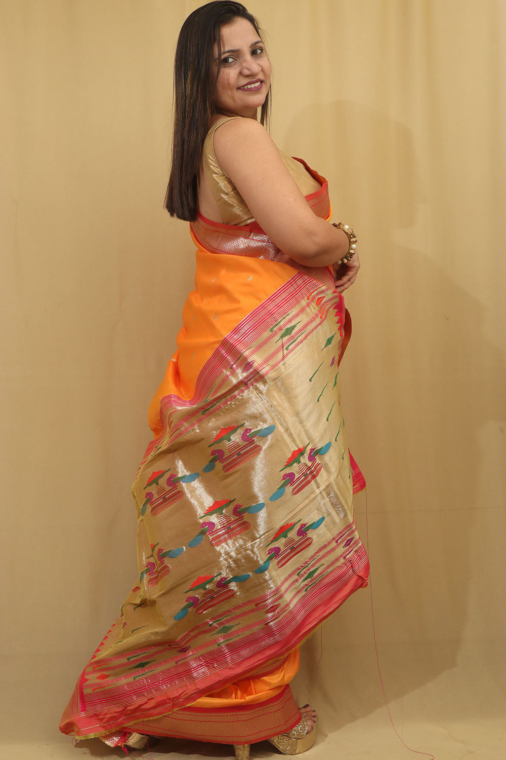 Orange Paithani Silk Peacock Design Saree - Stunning Elegance - Luxurion World