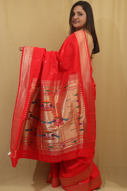 Exquisite Red Paithani Silk Peacock Design Saree - Luxurion World