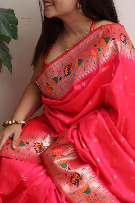 Beautiful Pink Silk Paithani Flower Design Saree - Luxurion World