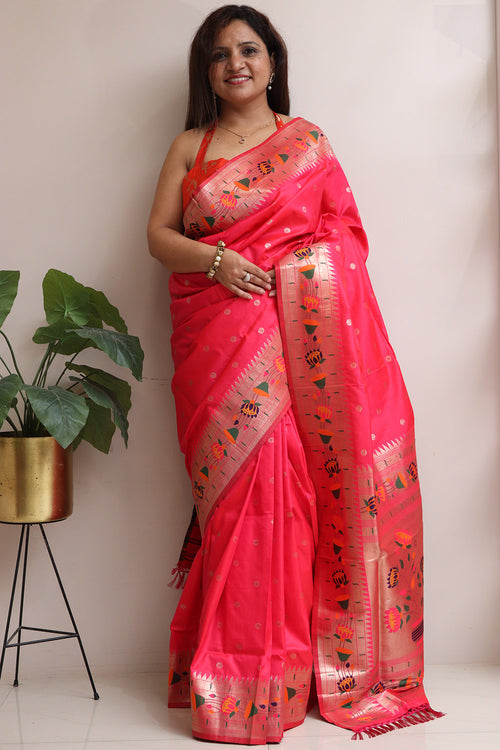 Beautiful Pink Silk Paithani Flower Design Saree - Luxurion World