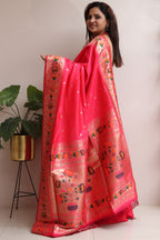 Beautiful Pink Silk Paithani Flower Design Saree - Luxurion World