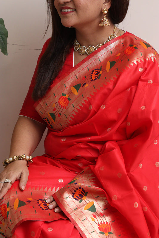 Red Silk Paithani Flower Design Saree - Luxurion World