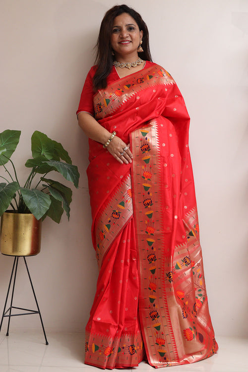 Red Silk Paithani Flower Design Saree - Luxurion World