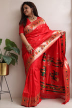 Red Silk Paithani Flower Design Saree - Luxurion World